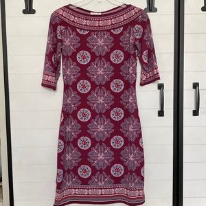 MAX STUDIO Burgundy Wine Red GeoFloral Medallion Print Boatneck Dress XS NWT
